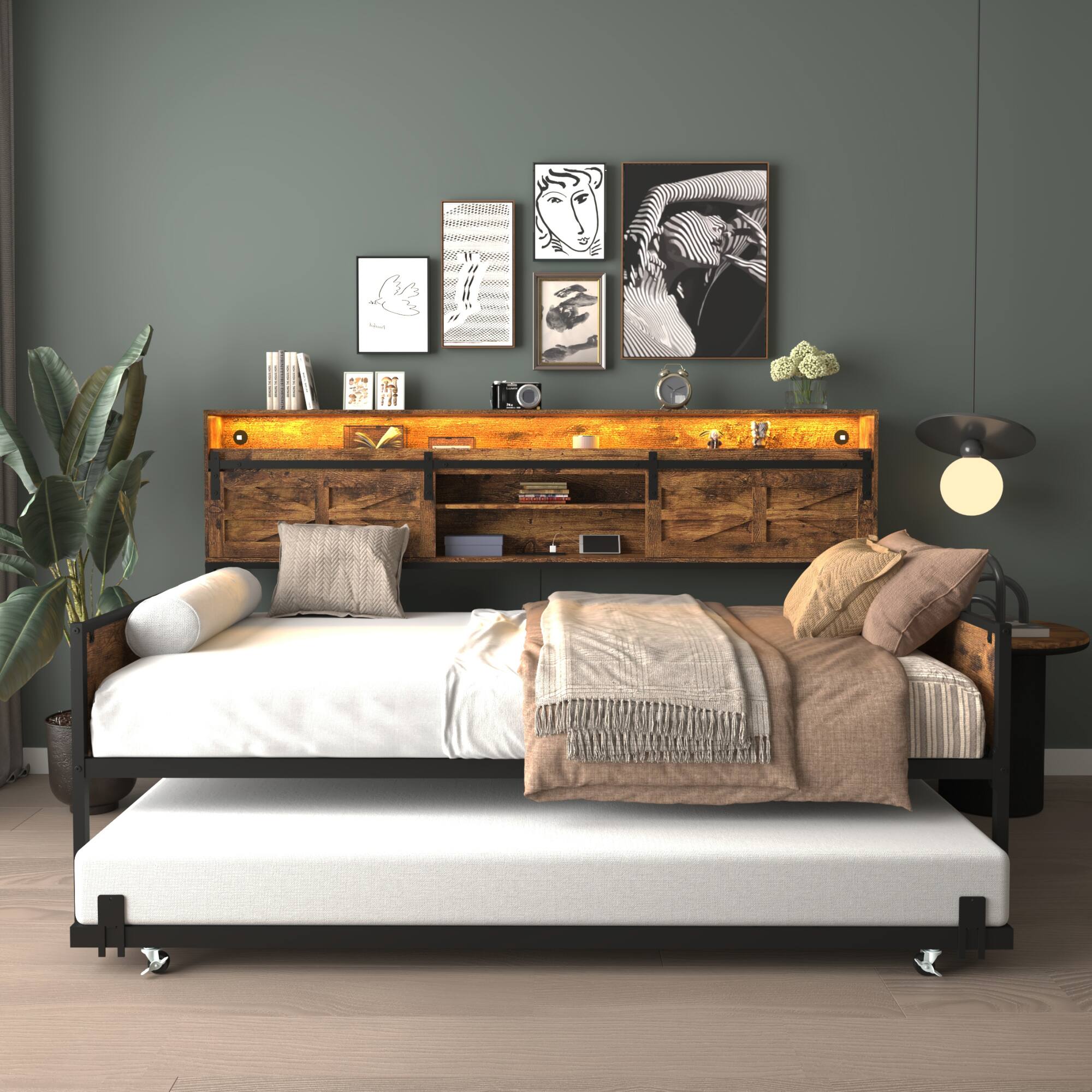 Alt View 1. GOODSILO - Farmhouse Style Twin Daybed with Trundle and Built-In Charging Station for Versatile Bedroom or Guest Room Use - Black+Brown.