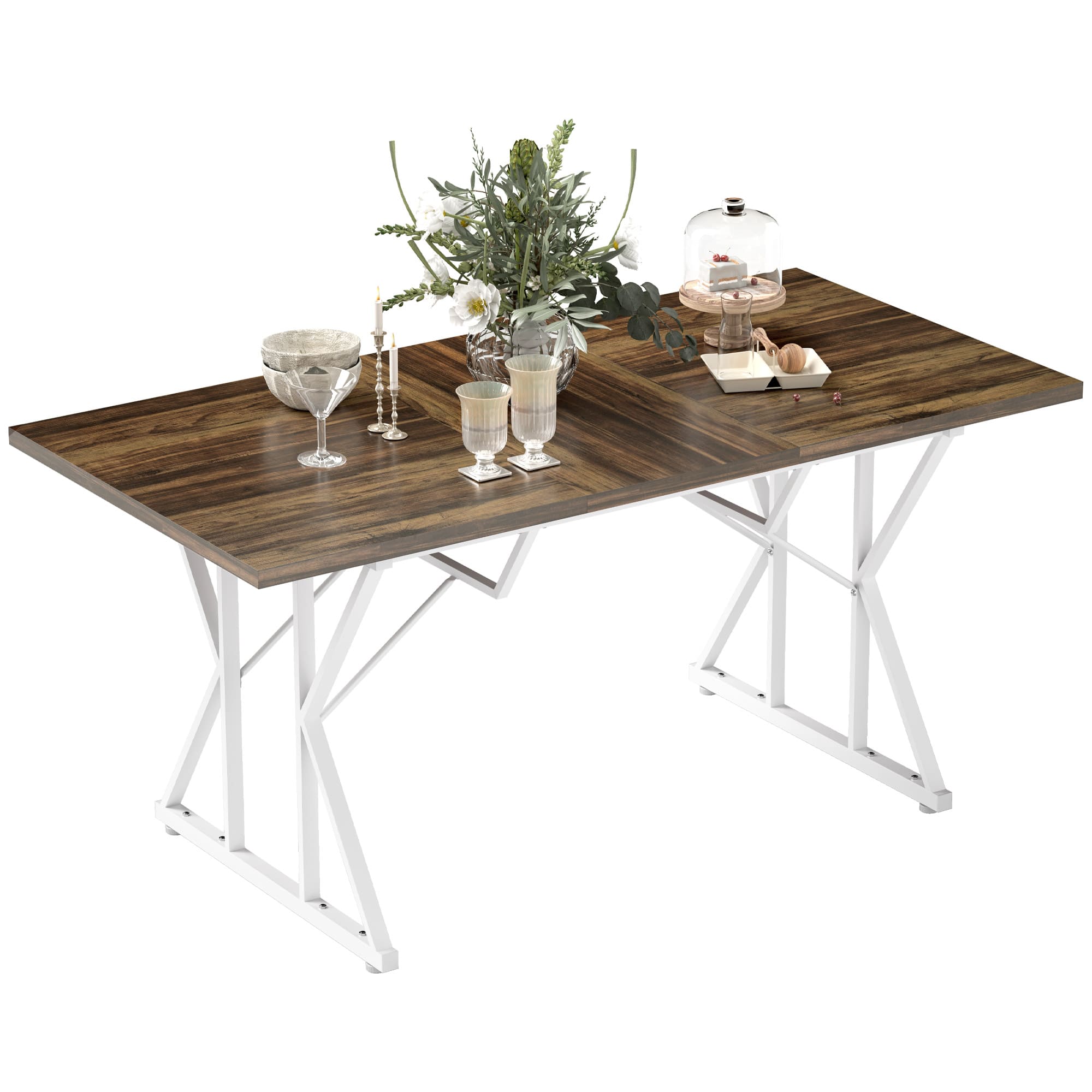 Homcom - 47"-63" Expandable Dining Table for 4-6 People, Farmhouse Extendable Dining Room Table with Metal Trestle Base - Distressed Brown