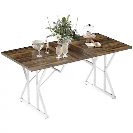 Front. Homcom - 47"-63" Expandable Dining Table for 4-6 People, Farmhouse Extendable Dining Room Table with Metal Trestle Base - Distressed Brown.