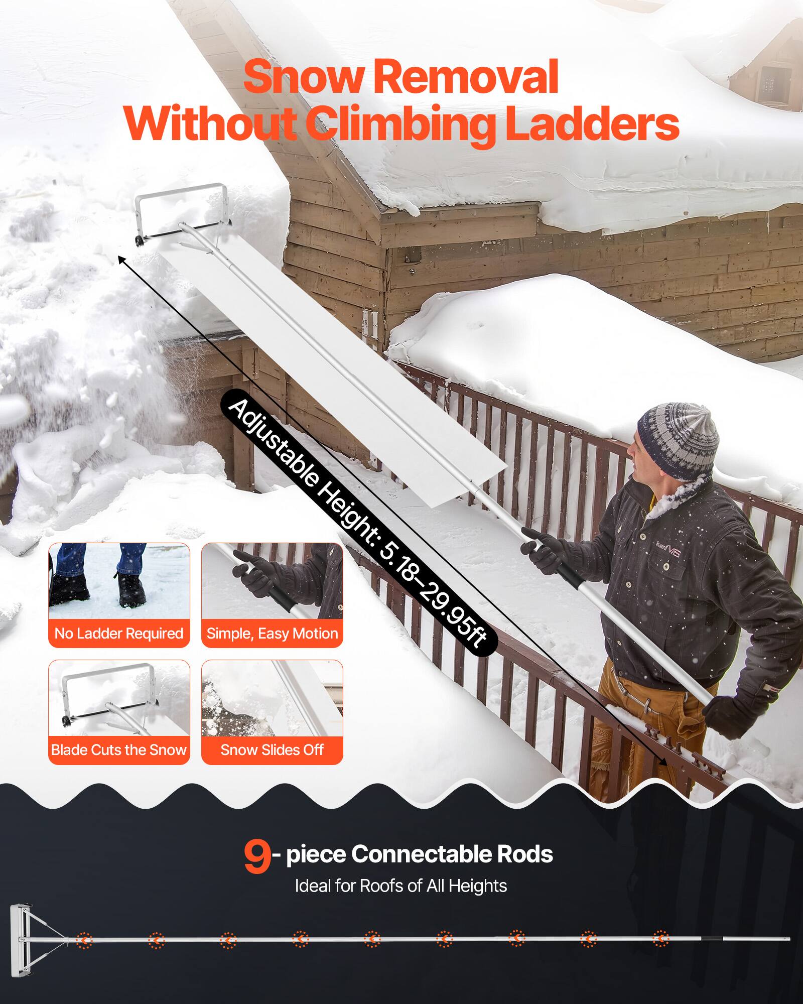 Snow Removal Without Climbing Ladders

Adjustable Height: 5.18-29.95ft

- No Ladder Required
- Simple, Easy Motion
- Blade Cuts the Snow
- Snow Slides Off

9-piece Connectable Rods

Ideal for Roofs of All Heights