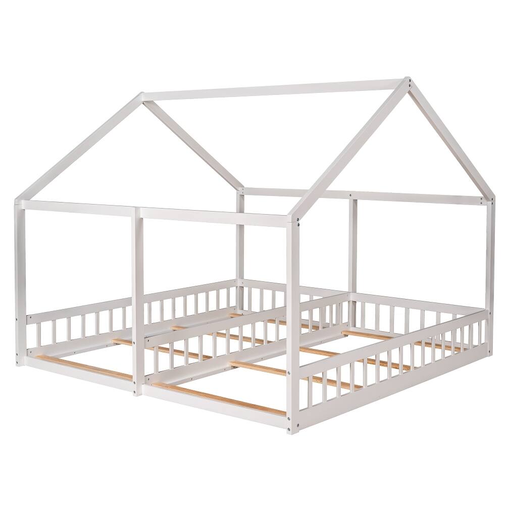 Alt View 3. Loheer - Loheer Twin Size House Bed, 2 in 1 Shared Platform Bed for Kids, White - White.