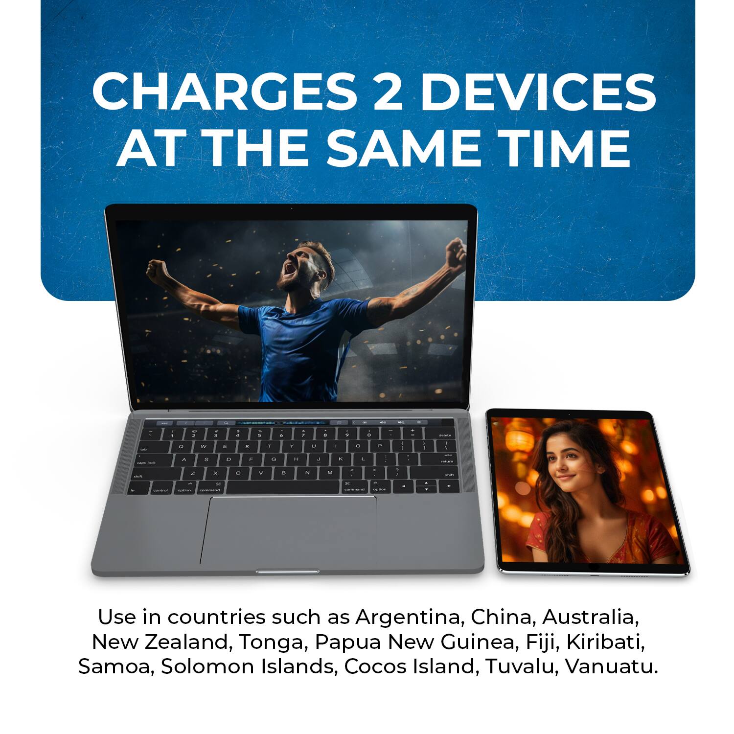 CHARGES 2 DEVICES AT THE SAME TIME

Use in countries such as Argentina, China, Australia, New Zealand, Tonga, Papua New Guinea, Fiji, Kiribati, Samoa, Solomon Islands, Cocos Island, Tuvalu, Vanuatu.