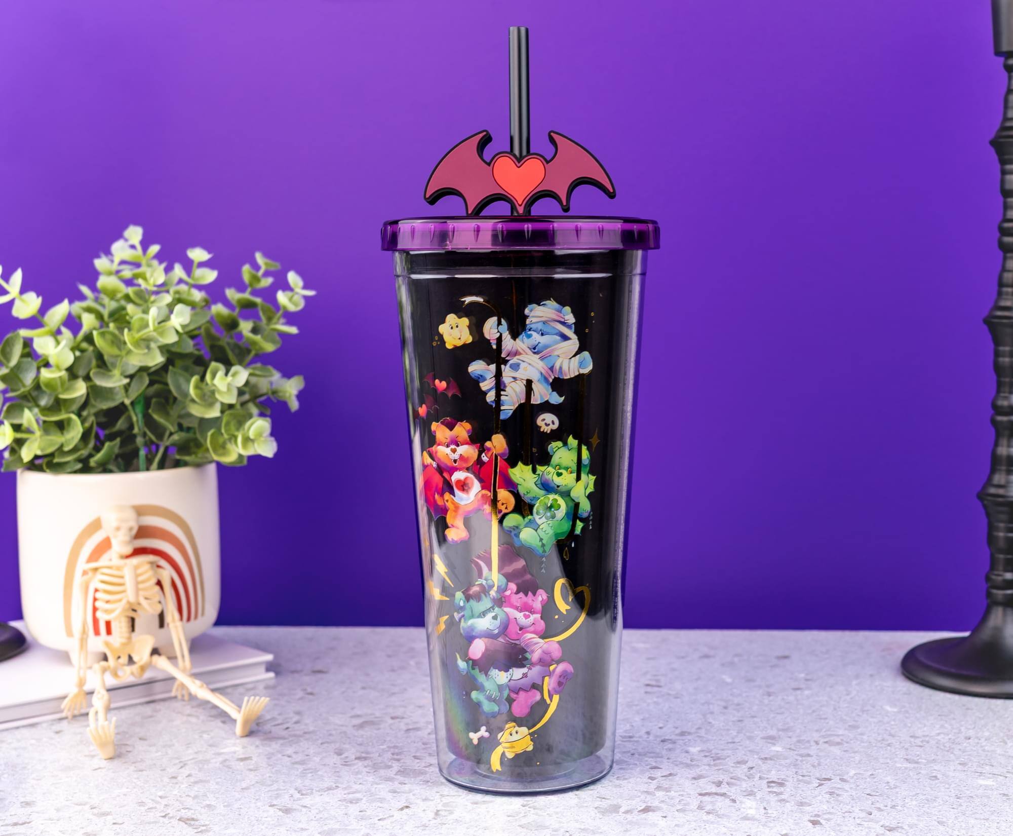 Alt View 2. Silver Buffalo - Care Bears x Universal Monsters 24-Ounce Carnival Cup With Lid and Straw Topper - Black.