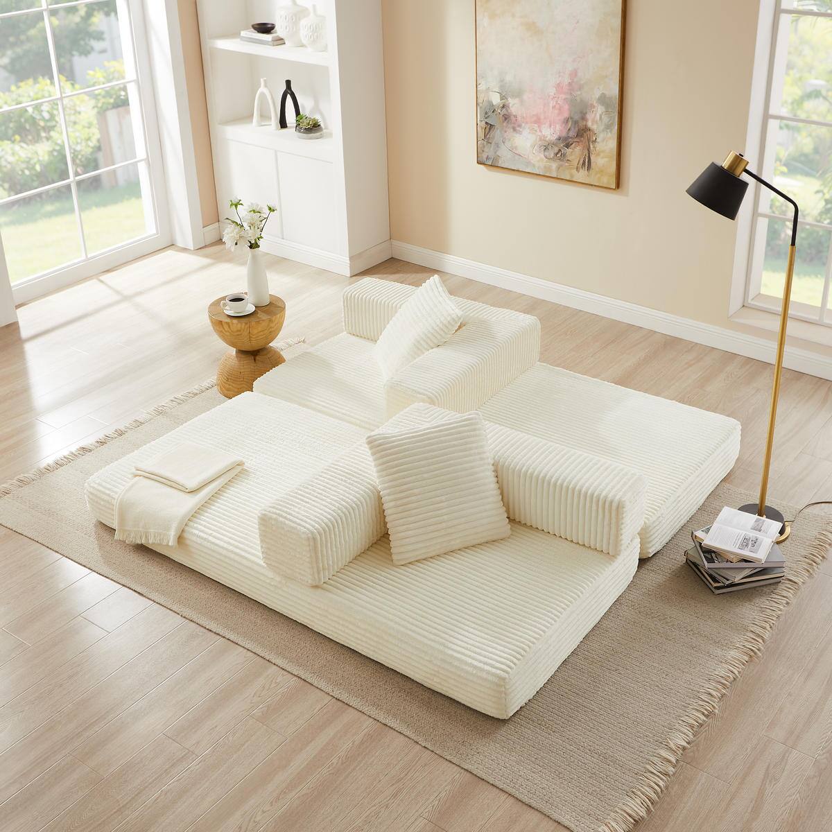 Alt View 4. Meqiodas - 81''Convertible Sofa Bed, Folding Floor Couch with Square Armrest, Comfy Sleeper Mattress for Living Room - Beige.