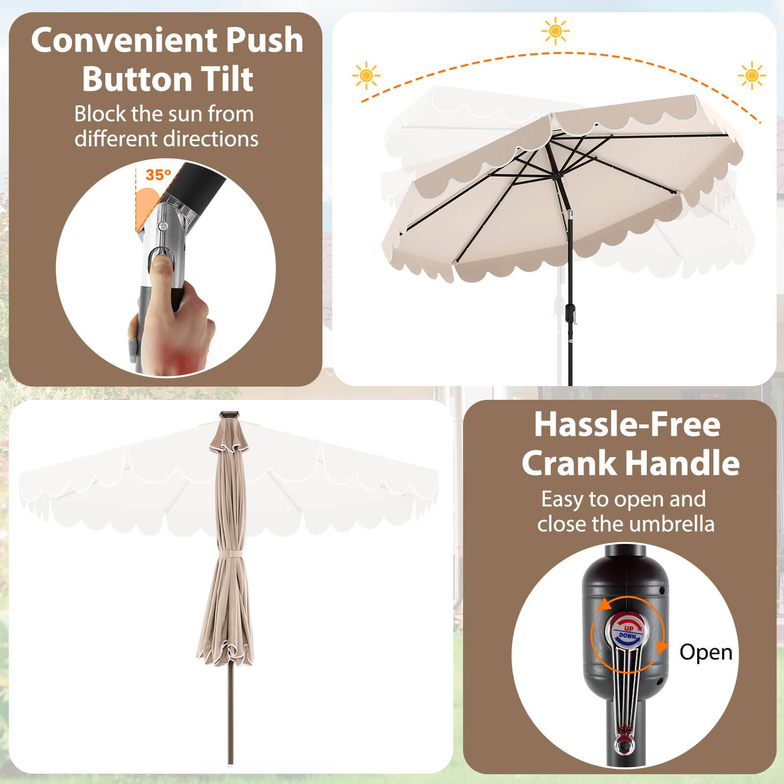 Convenient Push Button Tilt  
Block the sun from different directions  
35°  

Hassle-Free Crank Handle  
Easy to open and close the umbrella  
Open