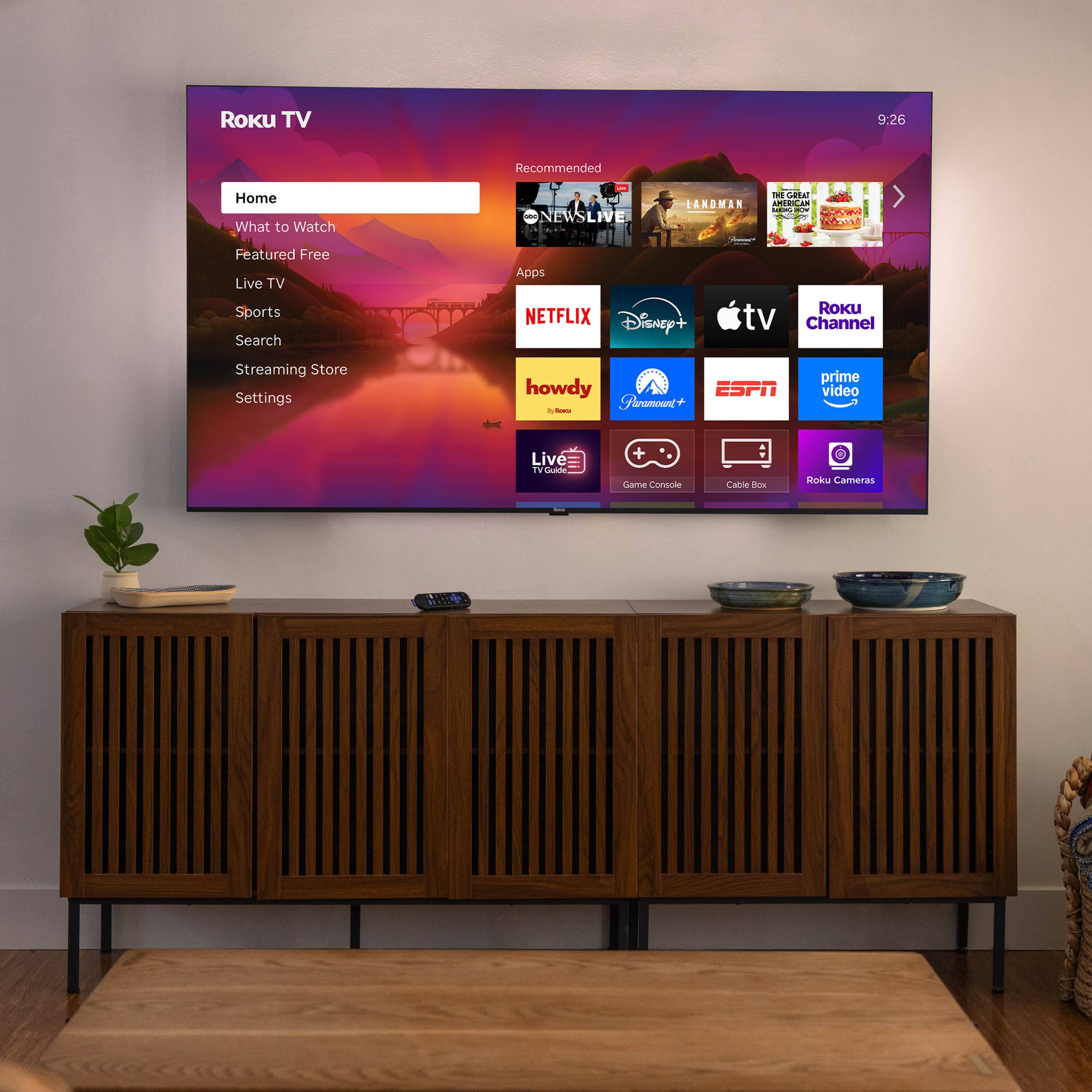 Roku TV  
9:26  

Home  
- What to Watch  
- Featured Free  
- Live TV  
- Sports  
- Search  
- Streaming Store  
- Settings  

Recommended  
- NEWS LIVE  
- LANDMAN  
- THE GREAT EAT  
- ...  

Apps  
- NETFLIX  
- Disney+  
- Apple TV  
- Roku Channel  
- howdy  
- Paramount+  
- ESPN  
- Prime Video  
- Live Guide  
- Game Console  
- Cable Box  
- Roku Cameras