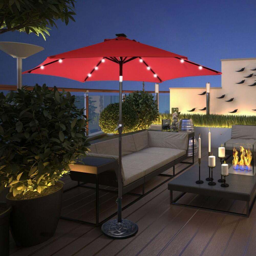 Angle. Mondawe - 9 Feet Solar LED Lighted Patio Market Umbrella with Tilt Adjustment without Base - Dark Red.