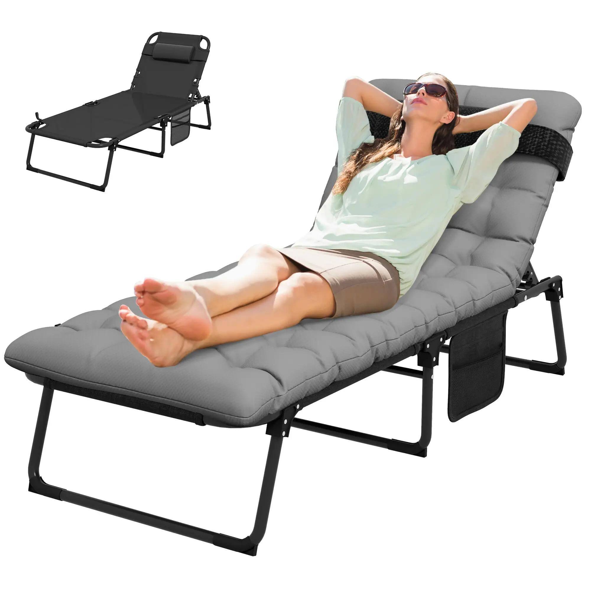 Angle. Resenkos - Resenkos Outdoor Folding Chaise Lounge Chair With 4-Position Adjustable Backrest, Magazine Pocket, Gray - Gray.