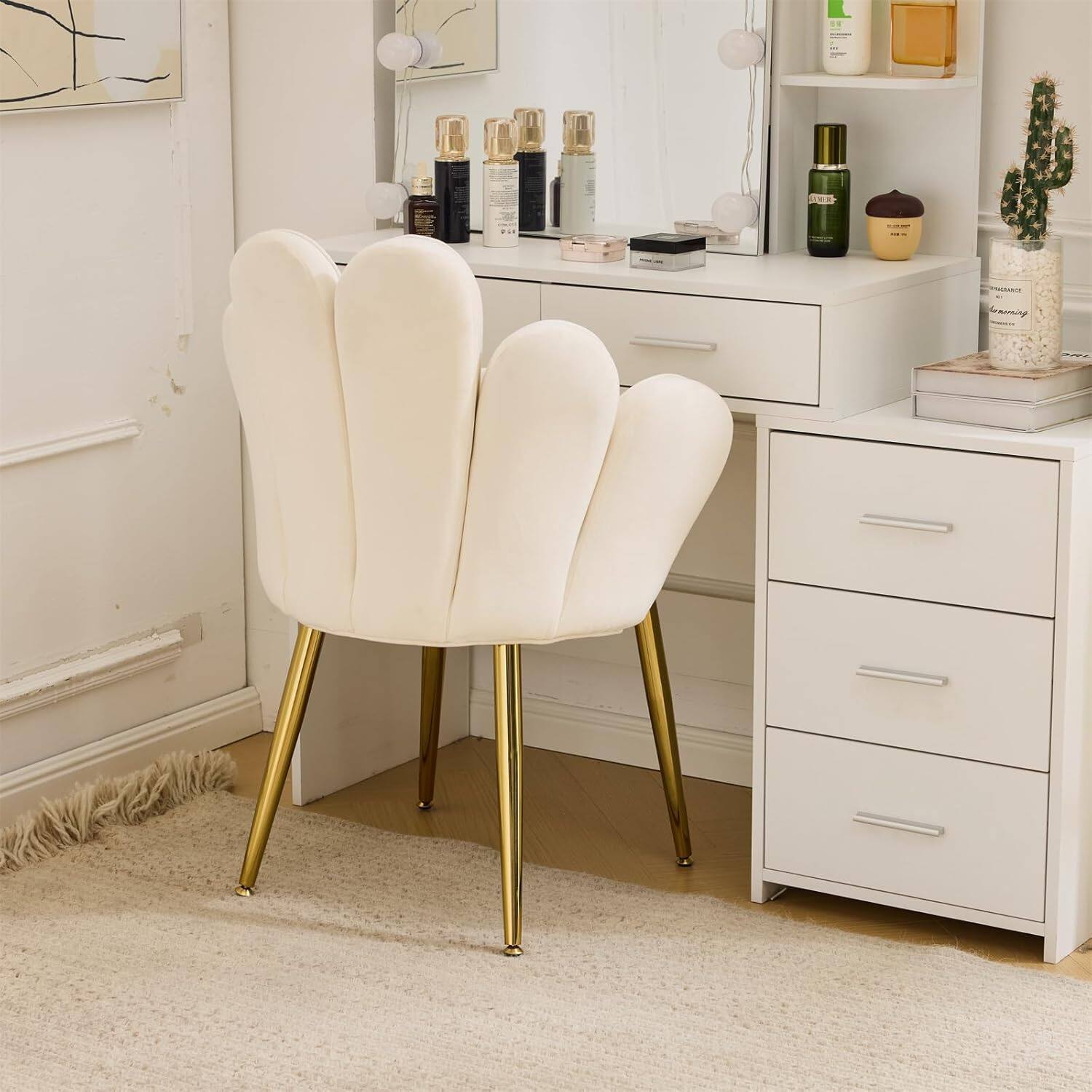 Alt View 8. Winado - Girls Petal Flower Velvet Makeup Vanity Chair with Back Comfy Adustable Gold Legs & Bow Pillow for Bedroom Home Office - White-velvet.