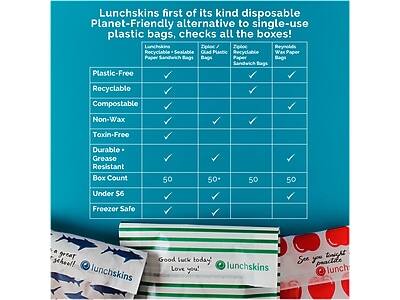 Lunchskins first of its kind disposable Planet-Friendly alternative to single-use plastic bags, checks all the boxes!

- Plastic-Free
- Recyclable
- Compostable
- Non-Wax
- Toxin-Free
- Durable
- Grease Resistant
- Box Count: 50
- Under $5
- Freezer Safe

Lunchskins Recyclable + Sealable Paper Sandwich Bags
Ziploc / Glad Plantic Recyclable Paper Sandwich Bags
Ziploc Recyclable Paper Sandwich Bags
Reynolds Wax Paper Bags

Good luck today! Love you! lunchskins
See you tonight practice lunch