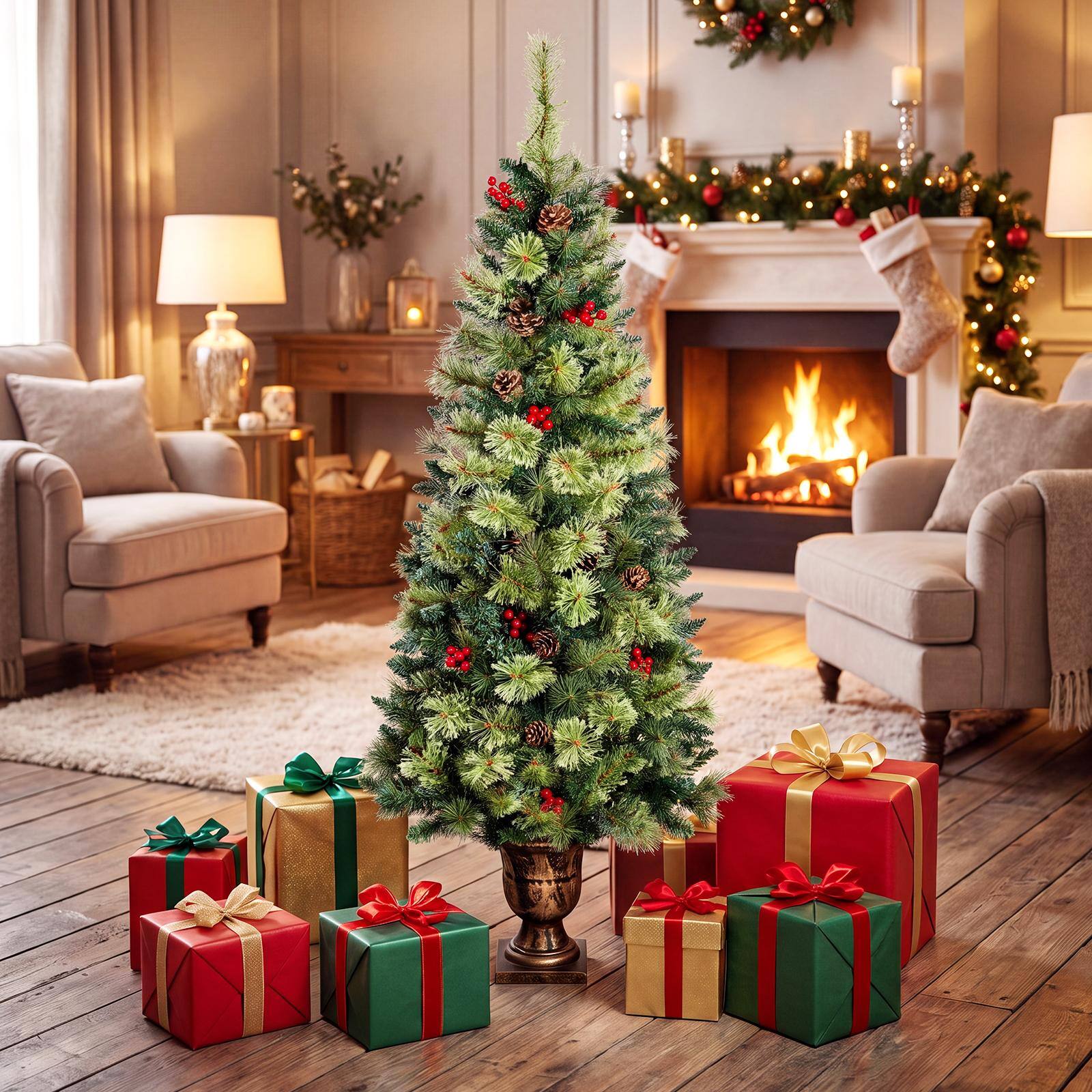 Alt View 4. Costway - Costway 2PCS 5 ft Artificial Xmas Tree with 260 Branch Tips, 12 Pine Cones, 100 LED Lights Green 2 pcs - Green.