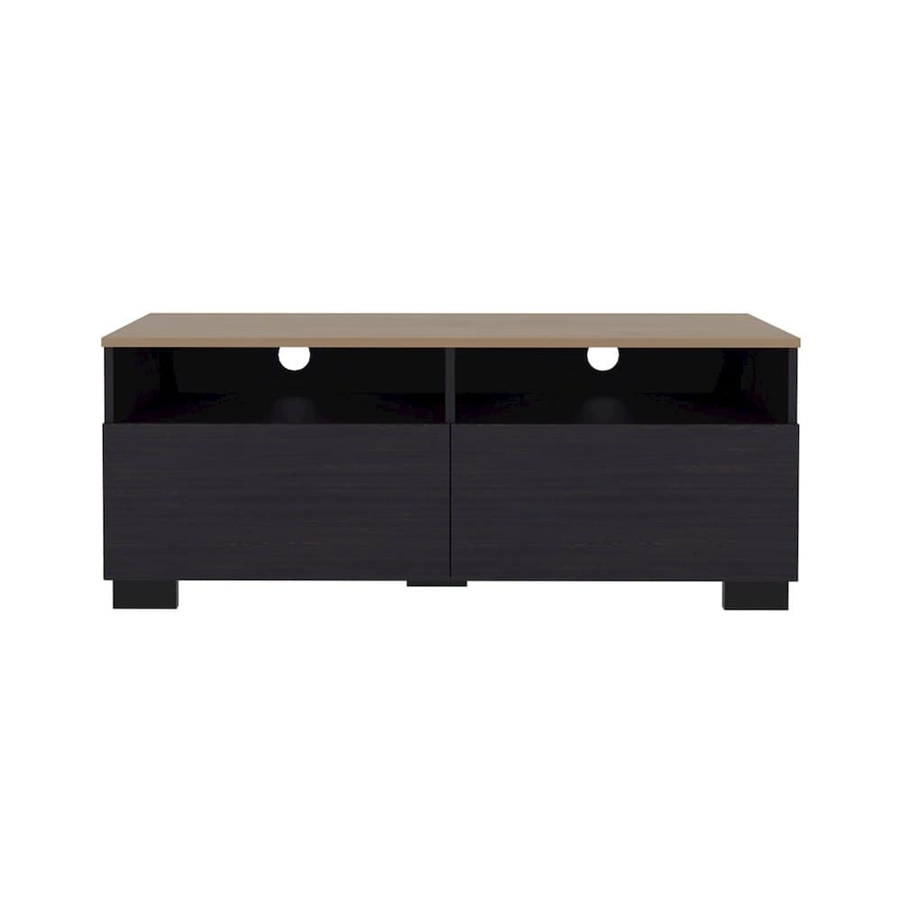 TuHome - TV Stand with Open Shelves and Compact Profile, Natural Oak - Black