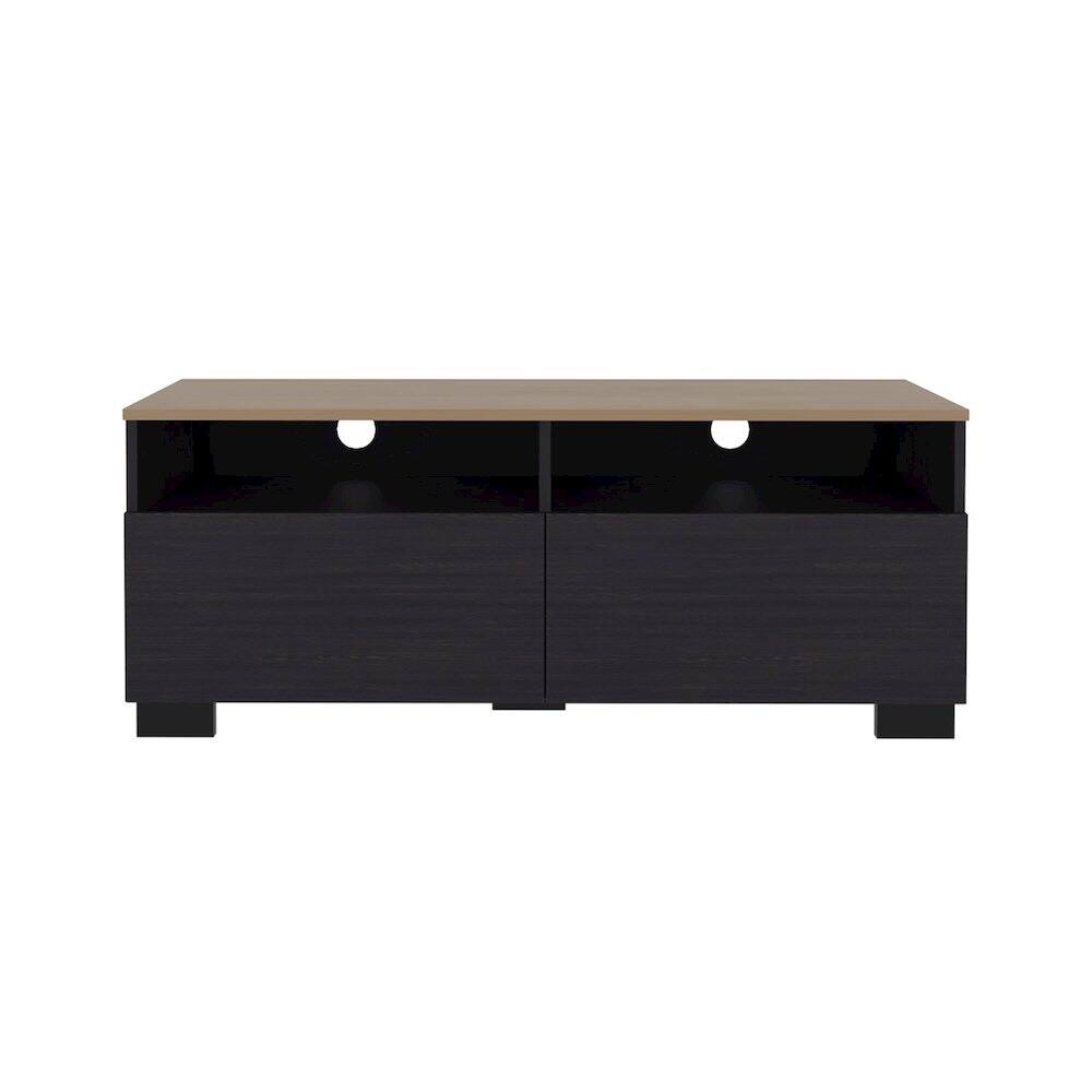 Front. TuHome - TV Stand with Open Shelves and Compact Profile, Black - Natural Oak - Black.
