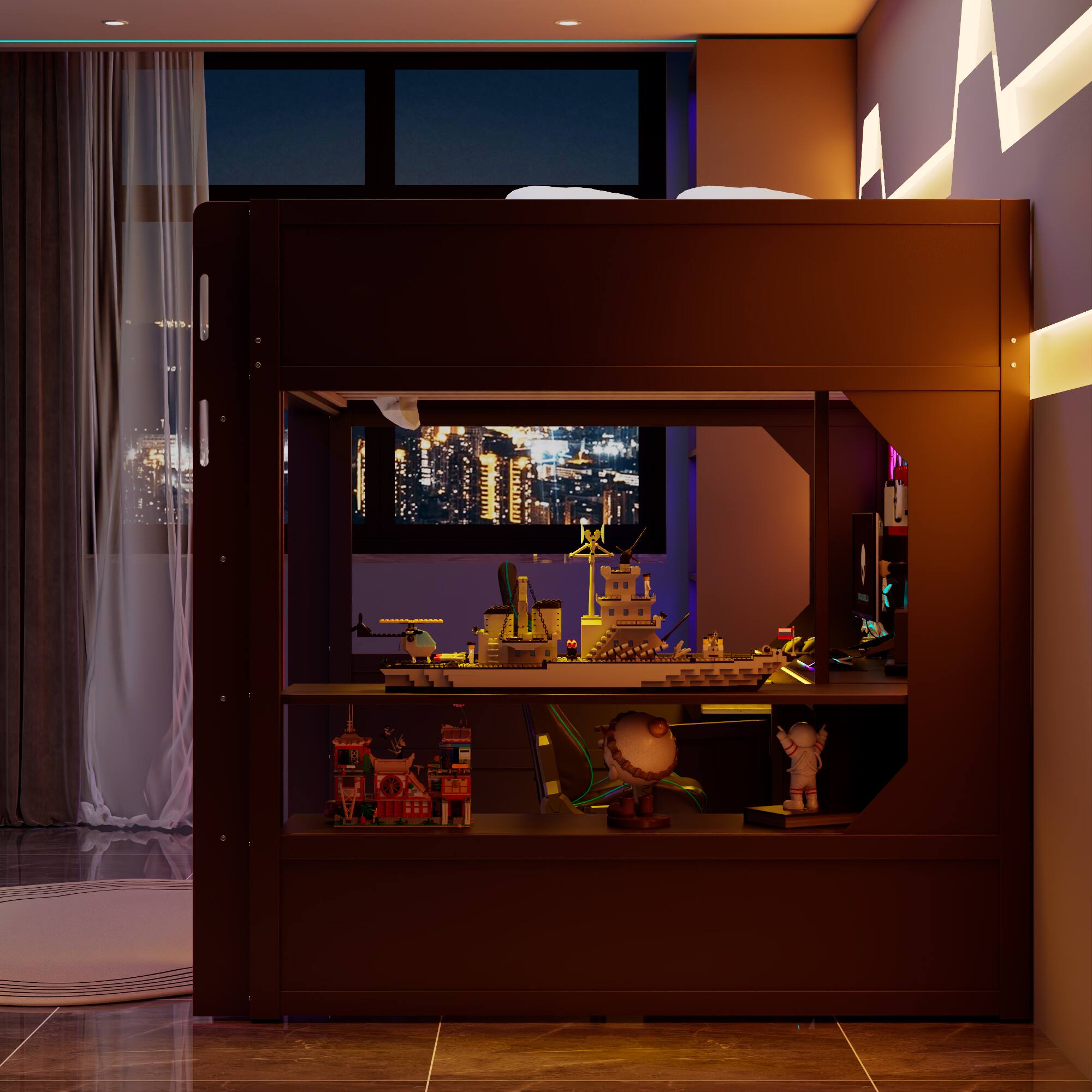 Alt View 4. Anysun - Full Gaming Loft Bed with Integrated Desk & Lights - Wooden Frame, Built-in Charging Station - Red.