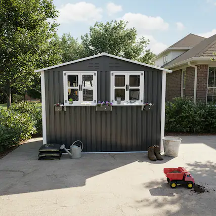 Front. Anysun - 6x9 FT Outdoor Metal Storage Shed with Window & Flower Rack – Lockable Double Doors Tool Shed, Waterproof Weatherproof - Gray.