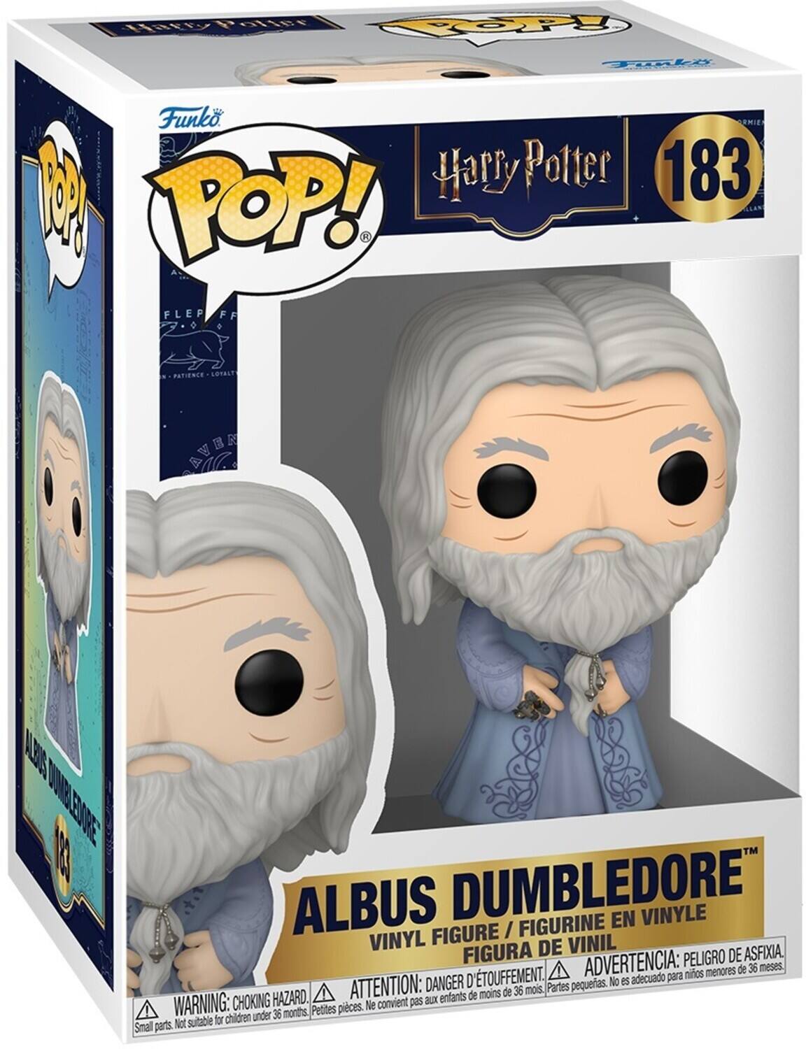 Sure, here is the corrected and grouped text from the image:

---

**Funko POP!**

**Harry Potter**

**183**

**ALBUS DUMBLEDORE**

**VINYL FIGURE / FIGURINE EN VINYLE / FIGURA DE VINIL**

**WARNING: CHOKING HAZARD.**  
Small parts. Not suitable for children under 36 months.

**ATTENTION: DANGER D'ÉTOUFFEMENT.**  
Petites pièces. Ne convient pas aux enfants de moins de 36 mois.

**ADVERTENCIA: PELIGRO DE ASFIXIA.**  
Partes pequeñas. No es adecuado para niños menores de 36 meses.

**PATIENCE - LOYALTY - AVECA**

---

This text is organized to reflect the information on the packaging, including the brand, series, character, and safety warnings.