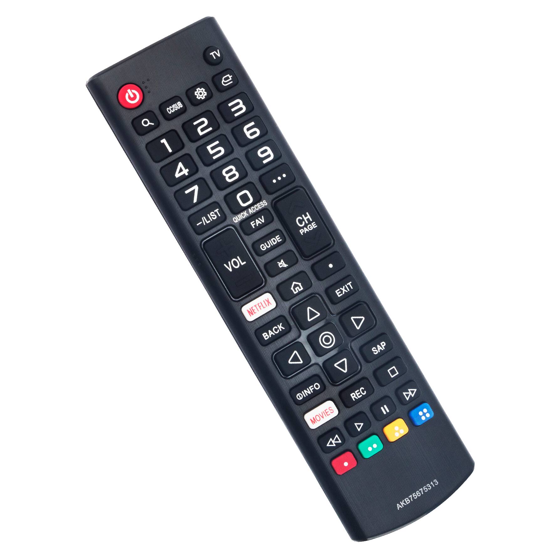 TV 9 CCSUB 3 Q 2 6 1 5 9 4 8 ... 7 0 ACCESS -/LIST QUICK FAV CH PAGE GUIDE VOL A NETFLIX BACK EXIT SAP @INFO MOVIES REC I AKB75675313