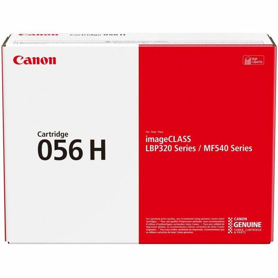 Sure, here is the corrected and grouped text from the image:

---

**Canon**

**Cartridge 056 H**

**High Capacity**

**For: Pour Para:**

**imageCLASS LBP320 Series / MF540 Series**

**For optimum print quality, we recommend using genuine Canon toner cartridges.**

**Pour une qualité d'impression optimale, nous recommandons d'utiliser des cartouches toner Canon authentiques.**

**Para una calidad de impresión óptima, recomendamos utilizar cartuchos de toner Canon genuinos.**

**CANON GENUINE TONER CARTRIDGE & PARTS**

---