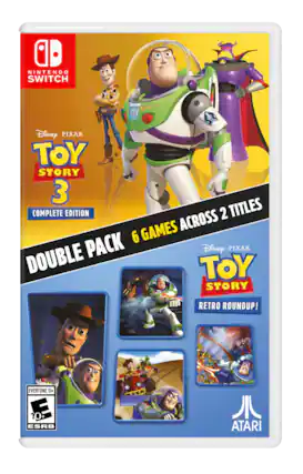 NINTENDO SWITCH S Eas CGTTEAR Disney PIXAR TOY STORY 3 COMPLETE EDITION 2 TITLES GAMES ACROSS 6 DOUBLE PACK Disney PIXAR TOY STORY RETRO ROUNDUP! EVERYONE 10+ E 10+ ESRB ATARI - E10+ (Everyone 10+)