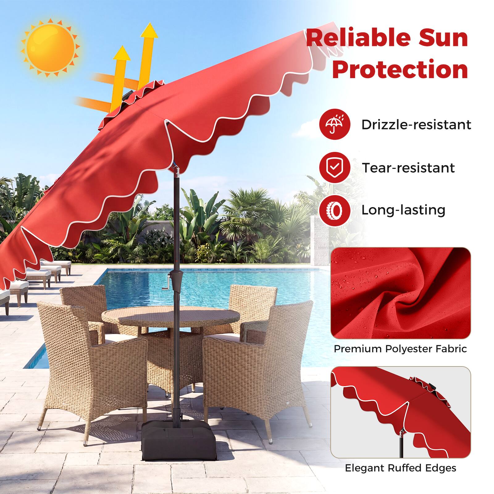 Reliable Sun Protection  
Drizzle-resistant  
Tear-resistant  
Long-lasting  
Premium Polyester Fabric  
Elegant Ruffed Edges
