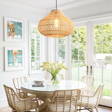 Front. Parrot Uncle - 1-Light Boho Brown Rattan Hand-Woven Cloche Hanging Basket Pendant Light - Brown.