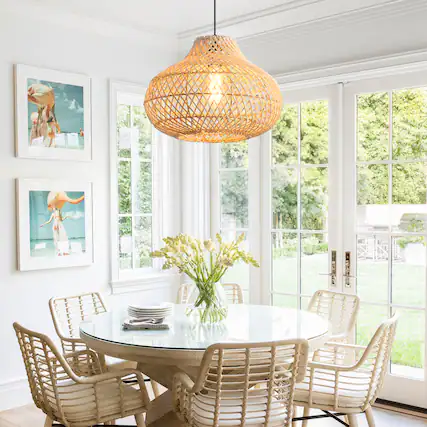 Front. Parrot Uncle - 1-Light Boho Brown Rattan Hand-Woven Cloche Hanging Basket Pendant Light - Brown.