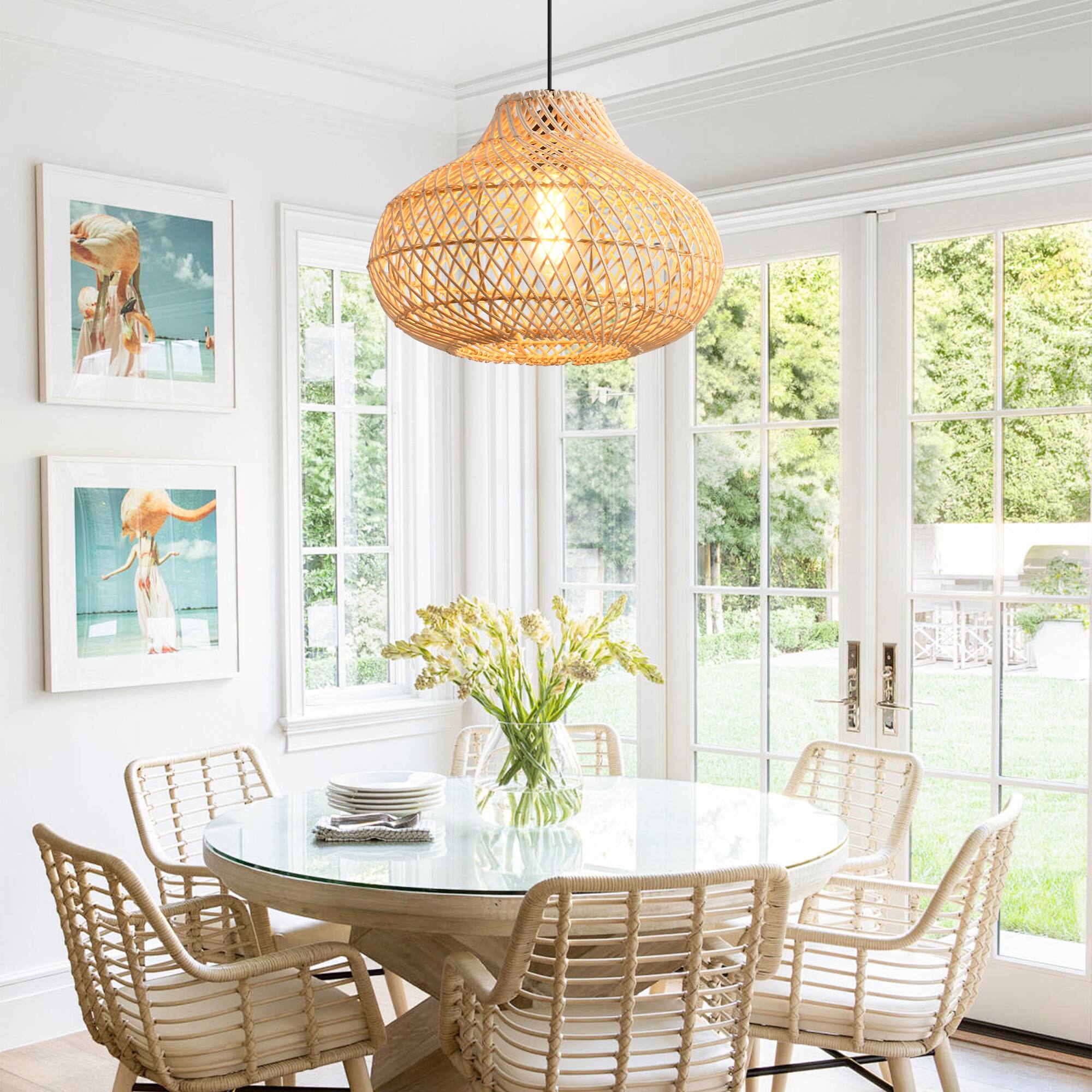 Front. Parrot Uncle - 1-Light Boho Brown Rattan Hand-Woven Cloche Hanging Basket Pendant Light - Brown.
