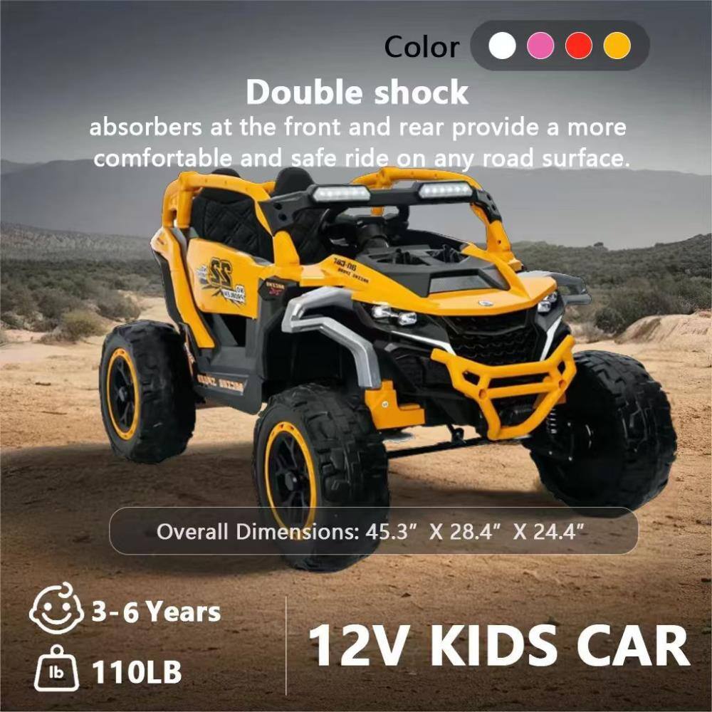 Double shock absorbers at the front and rear provide a more comfortable and safe ride on any road surface.

Color: [Color options]

Overall Dimensions: 45.3" X 28.4" X 24.4"

12V KIDS CAR

3-6 Years

110LB