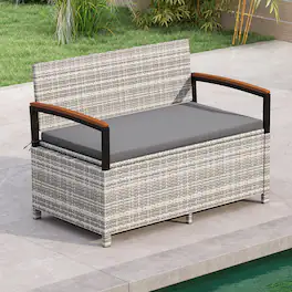 Gymax - Outdoor Storage Bench w/Cushion Backrest & Acacia Wood Armrests Hidden Storage - Gray