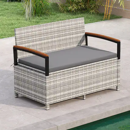Front. Gymax - Gymax Outdoor Storage Bench w/Cushion Backrest & Acacia Wood Armrests Hidden Storage - Grey.