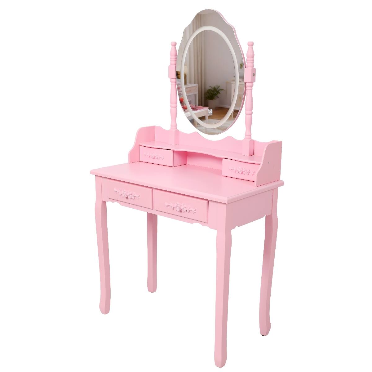 Alt View 4. Loheer - Loheer Pink Makeup Vanity Desk with LED Light Mirror and Cushioned Stool, Four Drawers - Pink.