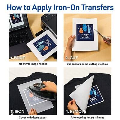 How to Apply Iron-On Transfers

1. PRINT
   - No mirror image needed

2. CUT
   - Use scissors or die-cutting machine

3. IRON
   - Cover with tissue paper

4. REMOVE
   - After cooling for 2-3 minutes