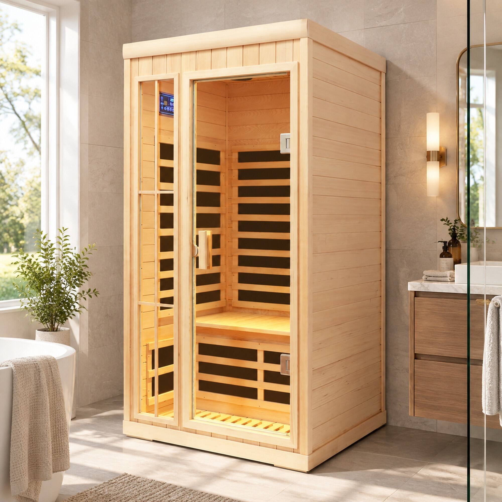 Back. RYHNUYNE - Far Infrared Hemlock Sauna Room, 1 Person, 7 Heating Panels, 1350W, LED Lights, Bluetooth, APP Control - Natural.