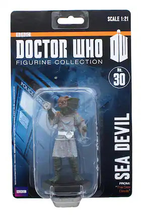 SCALE 1:21
BBC DOCTOR WHO FIGURINE COLLECTION
No. 30
SEA DEVIL
FROM: "The Sea Devils"
www.undergroundloys.com
POLICE BOX
USA 1283 0126
CA DEGO SAN BLYD KETTNER
DEVIL 2308 LLG TOYS UNDERGROUND CHINA
MADE ONLY
COLLECTABLE
BBC