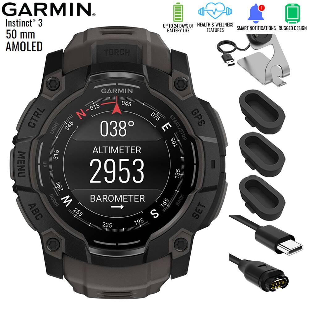 GARMIN Instinct 3  
50 mm AMOLED  

- UP TO 24 DAYS OF BATTERY LIFE  
- HEALTH & WELLNESS FEATURES  
- SMART NOTIFICATIONS  
- RUGGED DESIGN  

- ALTIMETER  
- BAROMETER  
- GPS  
- TORCH  
- MENU  
- CTRL  
- LIGHT  
- SET  
- START/STOP  
- ABC  
- BACK  

- 038°  
- 2953