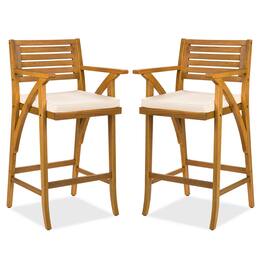 Best Choice Products - Set of 2 Outdoor Acacia Wood Bar Stools Bar Chairs w/ Weather-Resistant Cushions - Cream