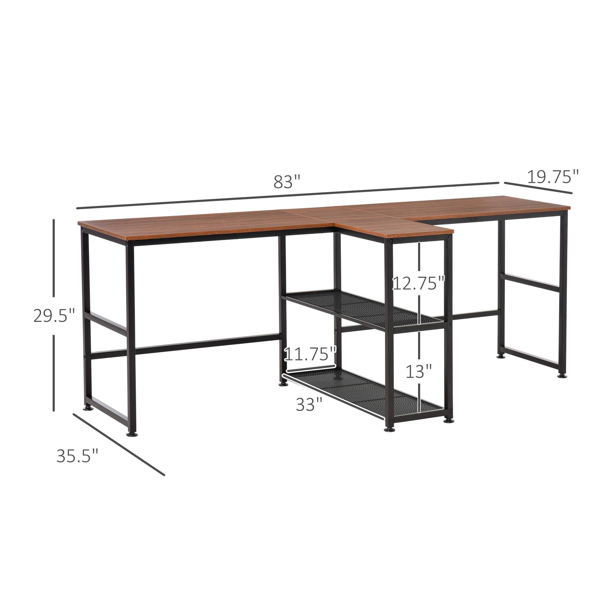 83" (length)  
19.75" (depth)  
29.5" (height from floor to table surface)  
35.5" (total height)  
12.75" (height from table surface to shelf)  
11.75" (height of shelf)  
13" (depth of shelf)  
33" (width of shelf)