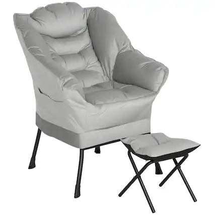 Front. Homcom - Chair and Ottoman Set, Fabric Upholstered Accent Chair with Side Pockets, for Living Room, Bedroom - Light Gray.