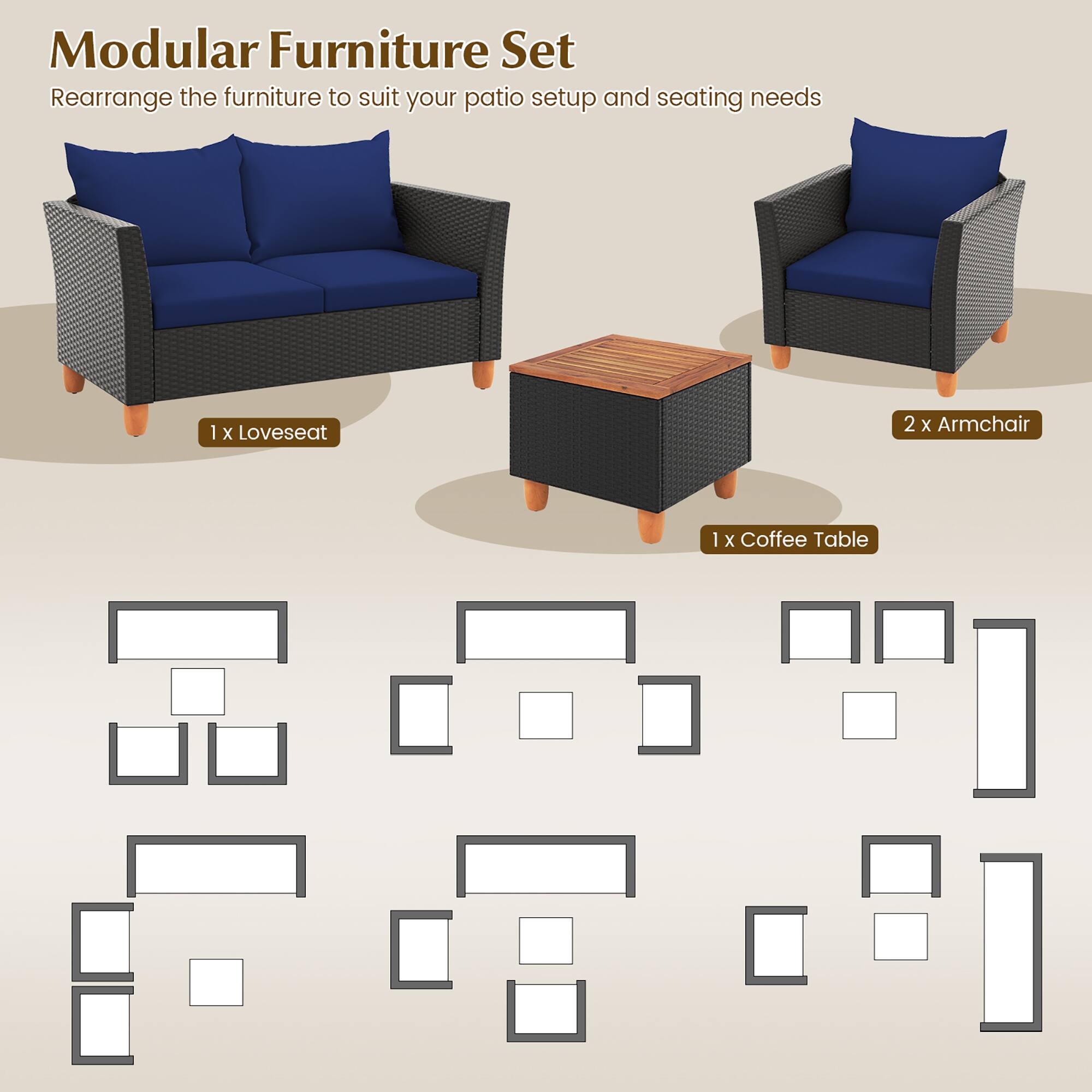 Modular Furniture Set

Rearrange the furniture to suit your patio setup and seating needs

1 x Loveseat

2 x Armchair

1 x Coffee Table