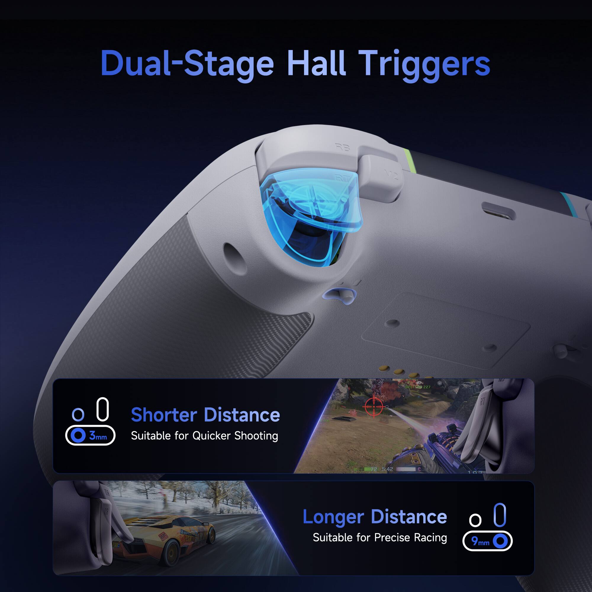 Dual-Stage Hall Triggers

Shorter Distance
3mm
Suitable for Quicker Shooting

Longer Distance
9mm
Suitable for Precise Racing