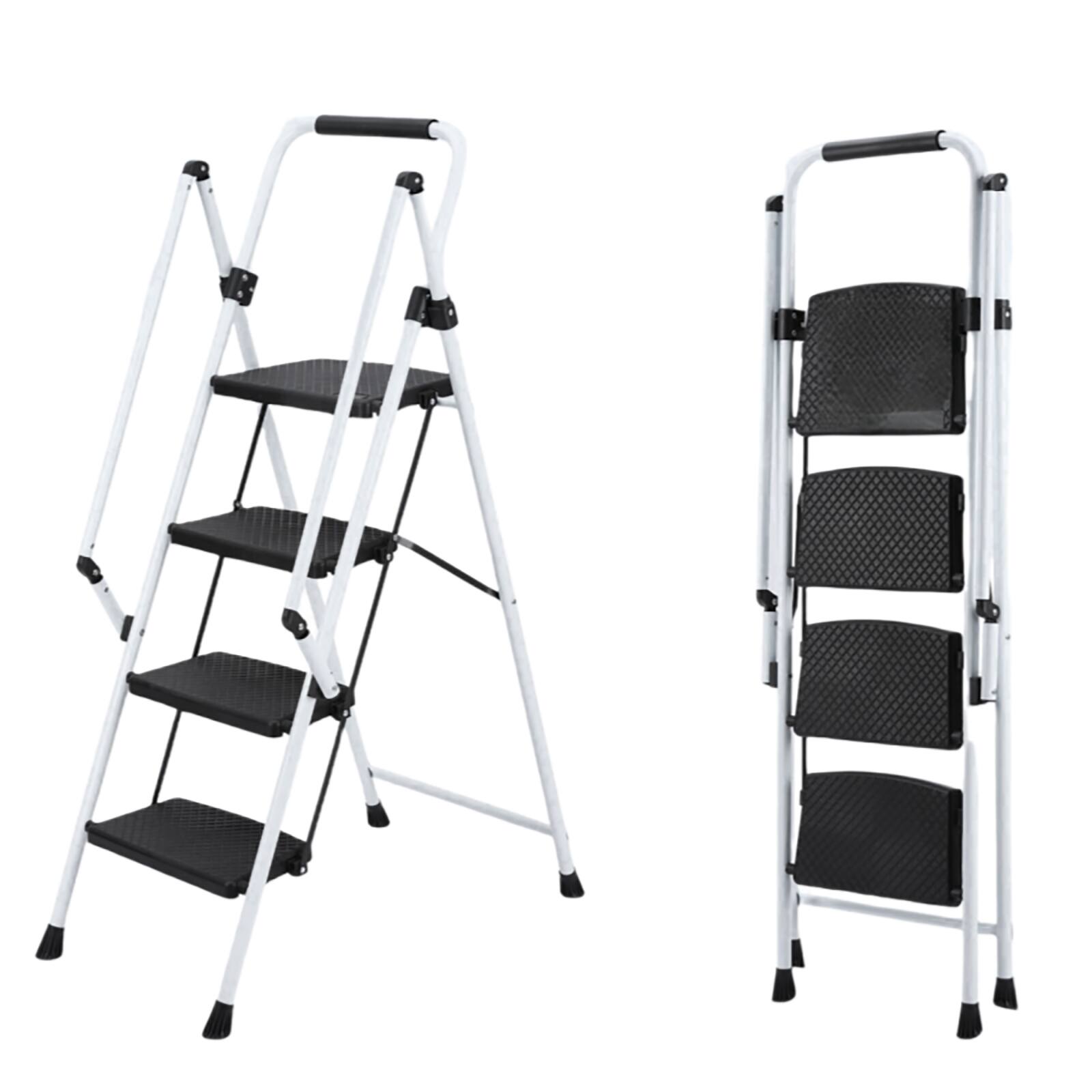 Front. Chateau Abodes - Folding Ladder with Handle, Rubber Feet Capacity 500lbs, Tall Ladders for Home High Ceilings - White-4 Step.