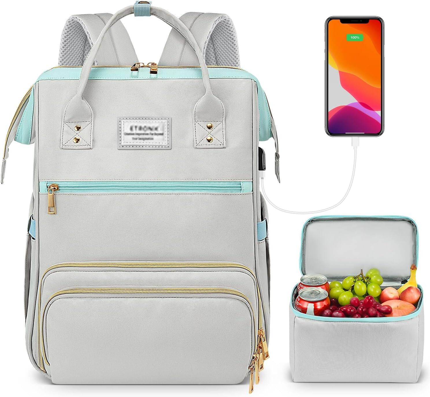 Front. Vulpecula Spade - Lunch Backpack, Laptop Backpack with USB Port, Stylish Nurse, Teacher Work Bag with Insulated Cooler Lunch Box - Blue Grey.