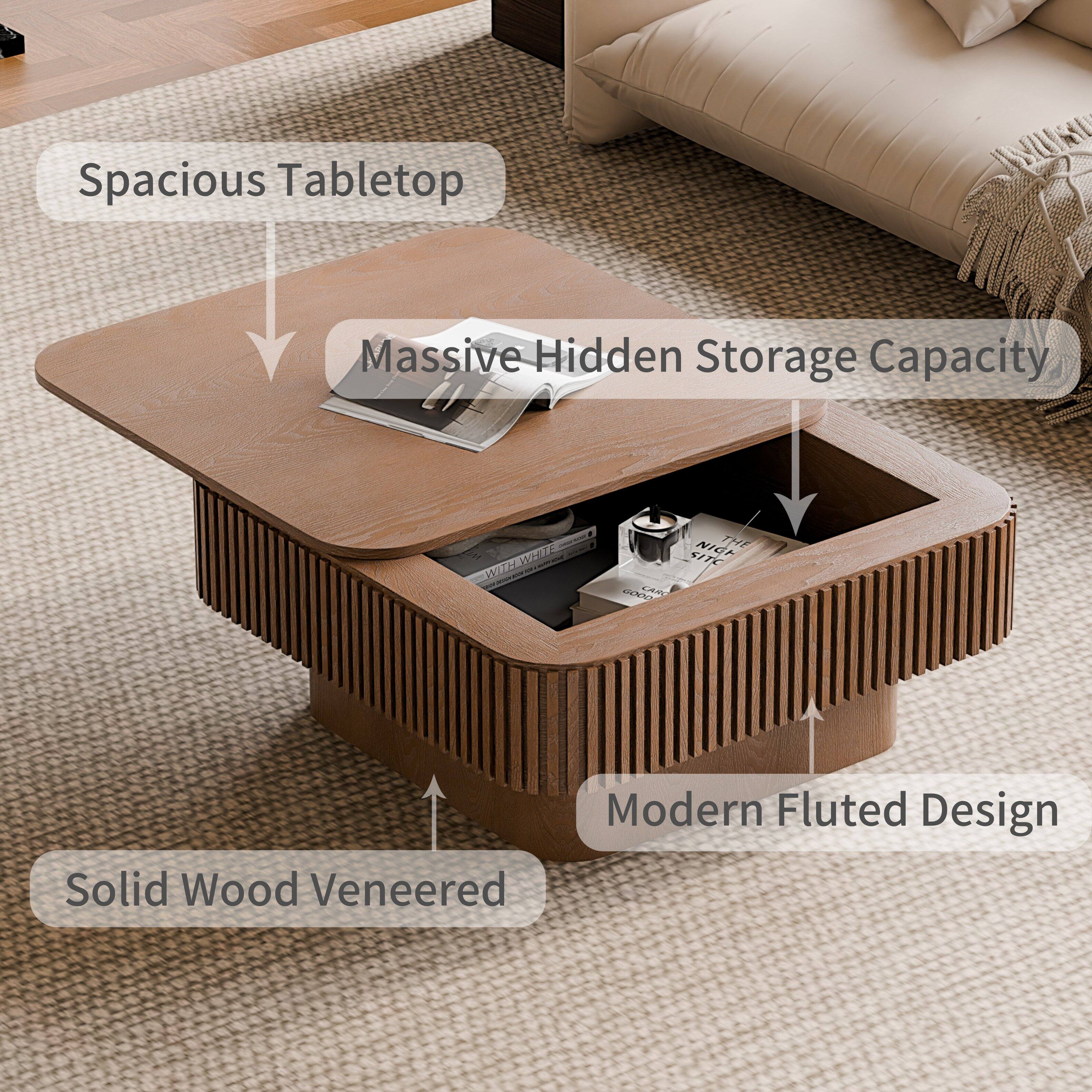 Spacious Tabletop  
Massive Hidden Storage Capacity  
Modern Fluted Design  
Solid Wood Veneered