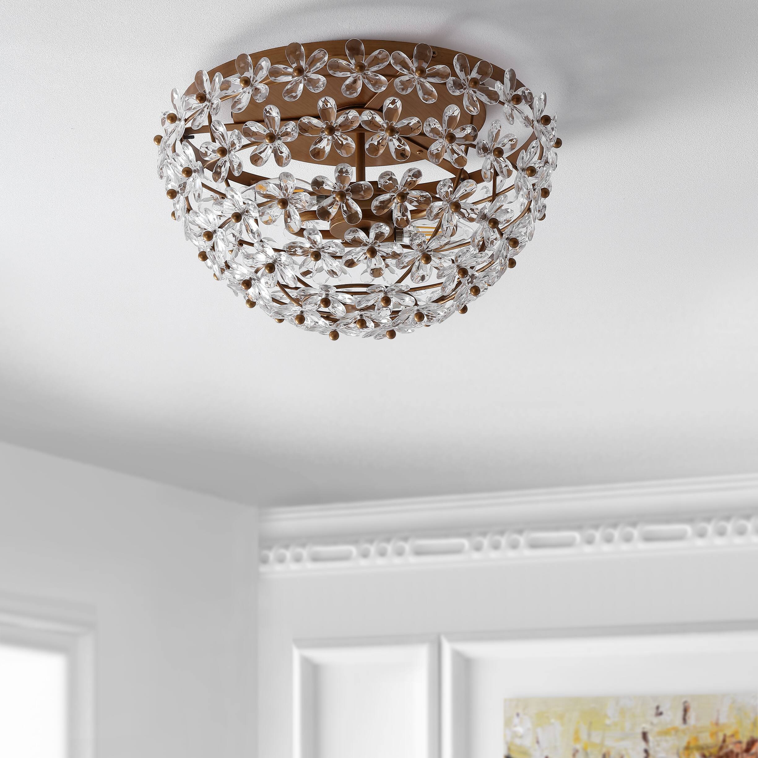 Alt View 4. Jonathan Y - Isabelle 15.5" 2-Light Modern Glam Metal Dome LED Flush Mount with Crystal Flower Accents, Antique Gold/Clear - Antique Gold.