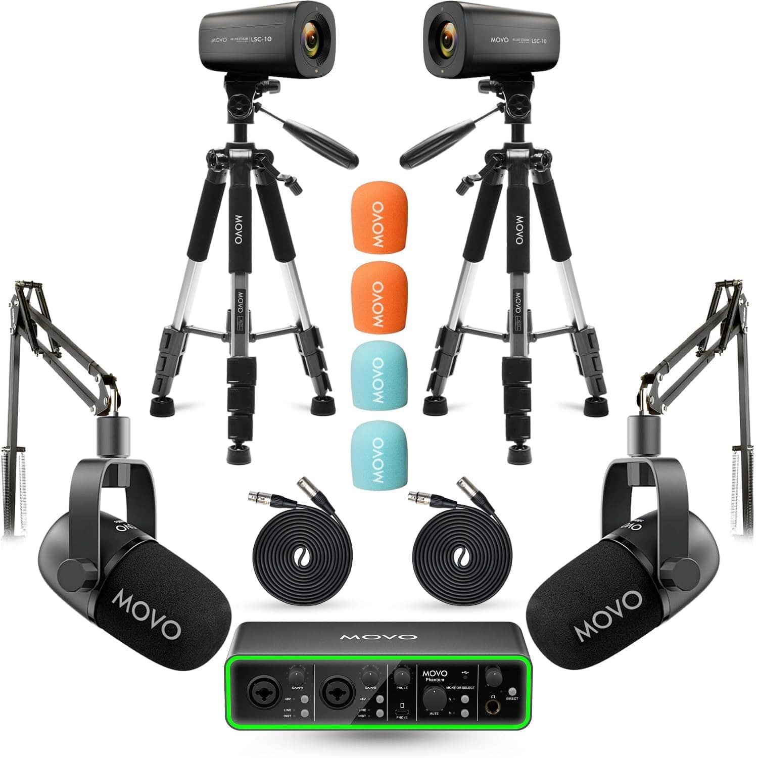 MOVO - Video Podcast Equipment Bundle - USB Audio Interface, 2 XLR Dynamic Microphones, 2 4K Cameras, 2 Boom Arms