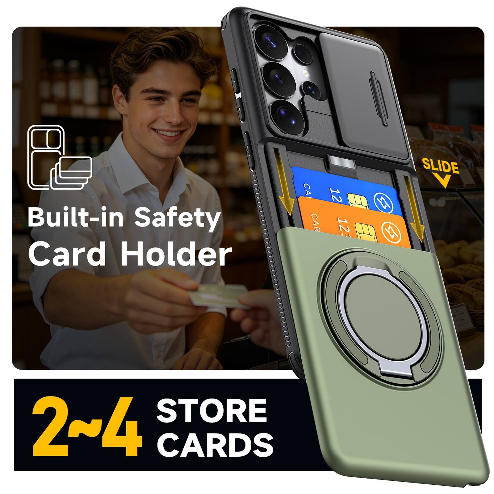 Built-in Safety Card Holder

CA 12 CAR 123

SLIDE STORE

2~4 CARDS