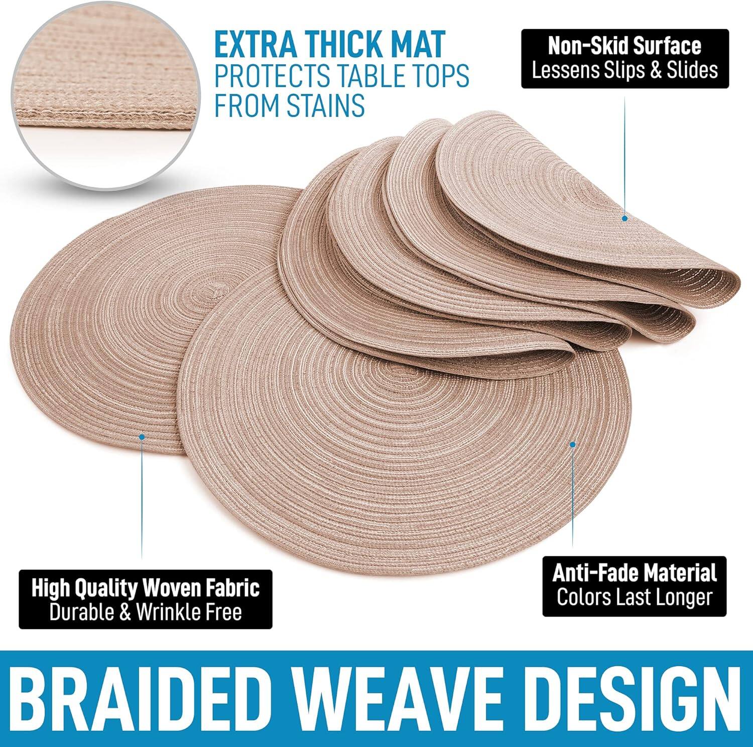 Here is the corrected and grouped text:

- **Extra Thick Mat**: Protects table tops from stains.
- **Non-Skid Surface**: Lessens slips & slides.
- **High Quality Woven Fabric**: Durable & wrinkle-free.
- **Anti-Fade Material**: Colors last longer.
- **Braided Weave Design**.