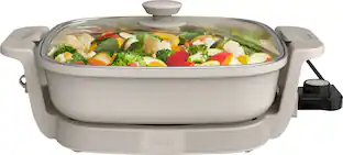 Front. Bella - Fits-anywhere Kitchenware: 12" x 12" Make & Take Non-Stick Electric Skillet - Oatmilk.
