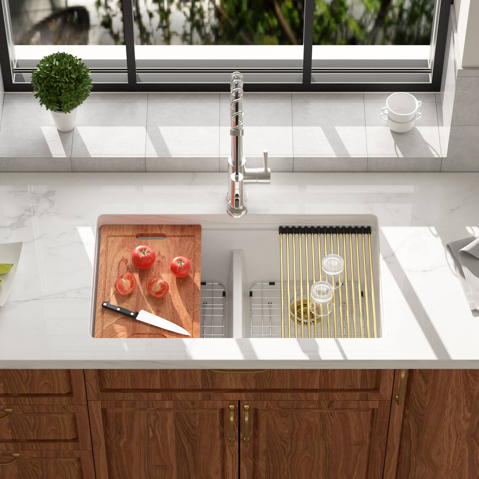 Back. Lordear - 33x19x10 Inch White Granite Composite Undermount kitchen Sink 50/50 Double Bowl Quartz Kitchen Sink - White.