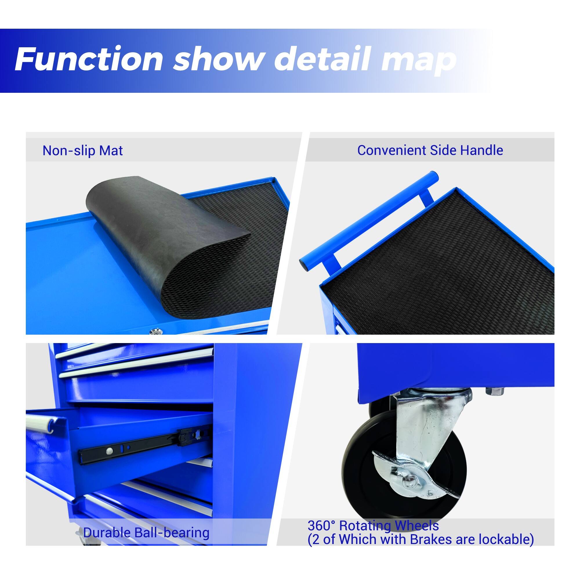 Function show detail map  
Non-slip Mat  
Convenient Side Handle  
Durable Ball-bearing  
360° Rotating Wheels (2 of Which with Brakes are lockable)